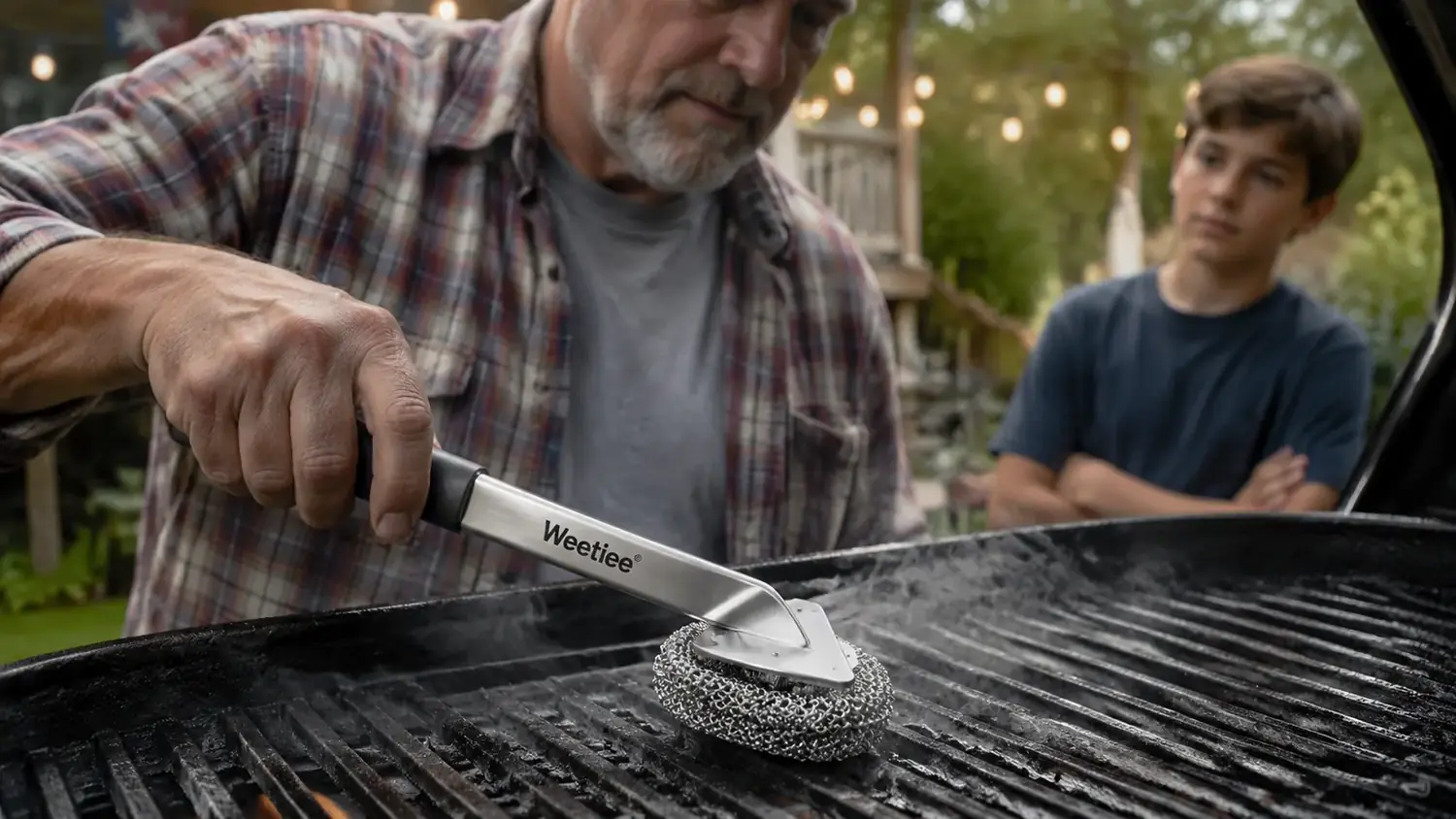 Hand scraping a hot grill grate clean with a bristle-free stainless scrubber brush