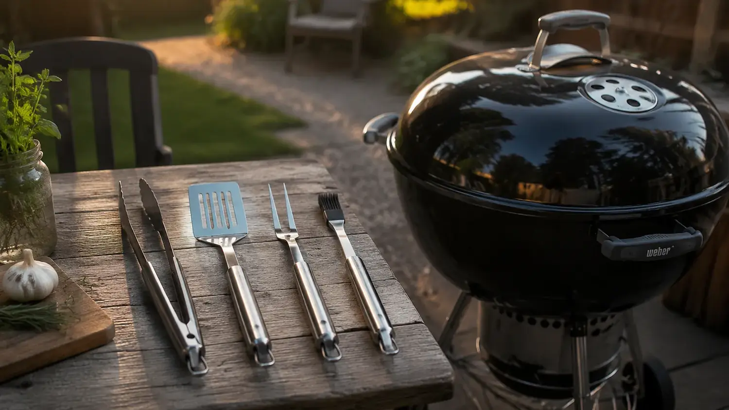A matched set of stainless steel grilling tools laid out on a wooden table beside a smoking kettle grill