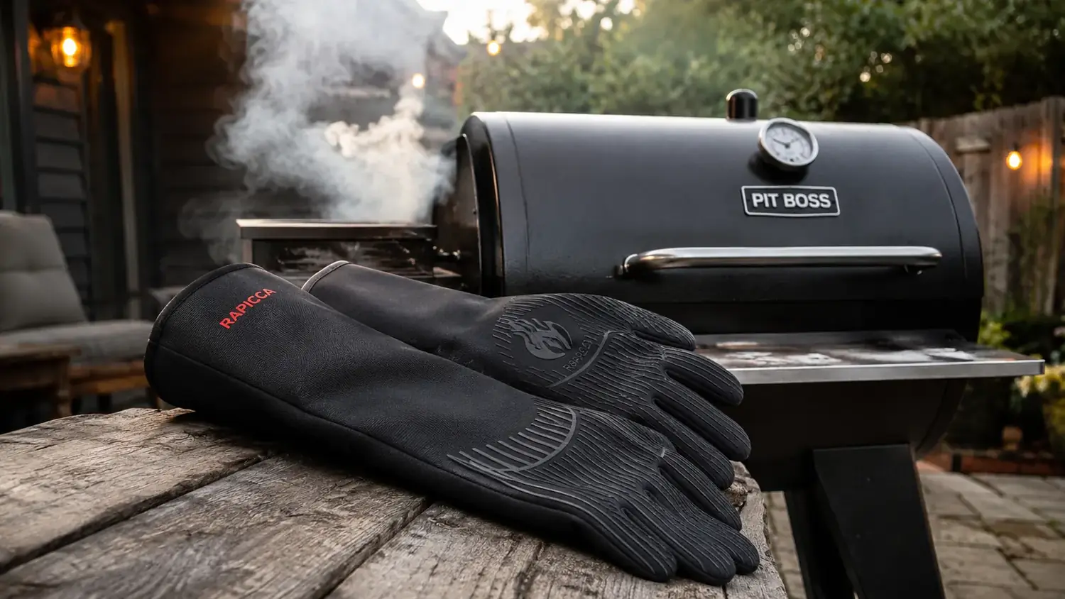 A pair of black neoprene heat-resistant grill gloves resting on a wooden picnic table beside a smoking pellet grill