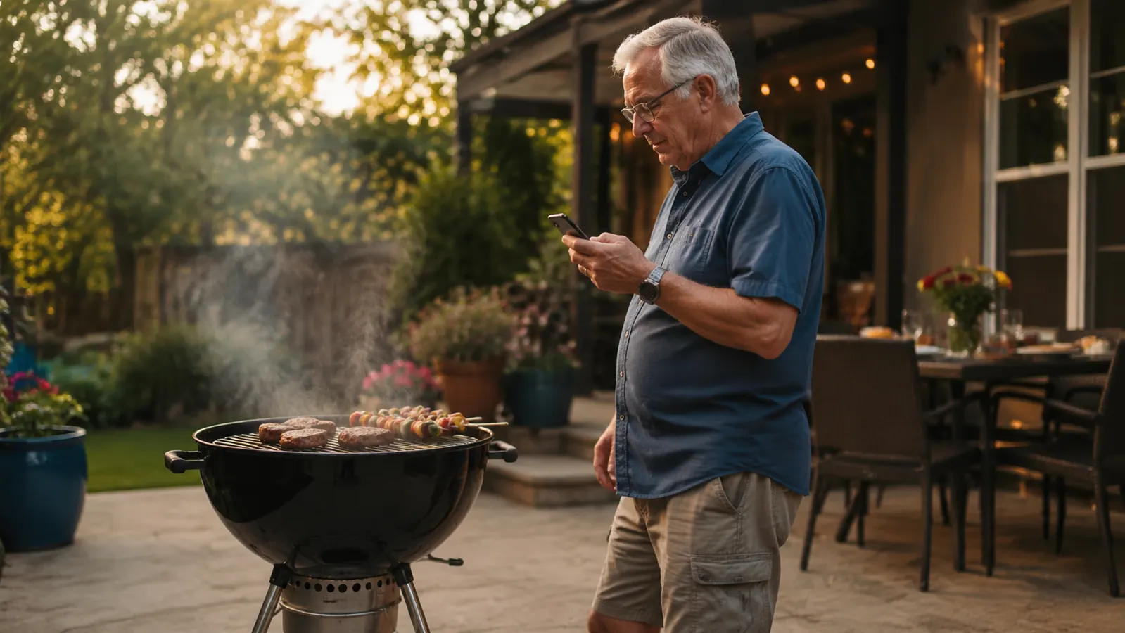 Backyard griller checking a phone app while a steak rests on a charcoal kettle grill in warm evening light