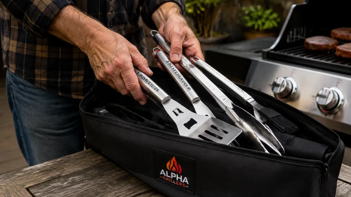 Close-up of a hand pulling a spatula, fork, brush and tongs set out of a canvas storage case by the grill