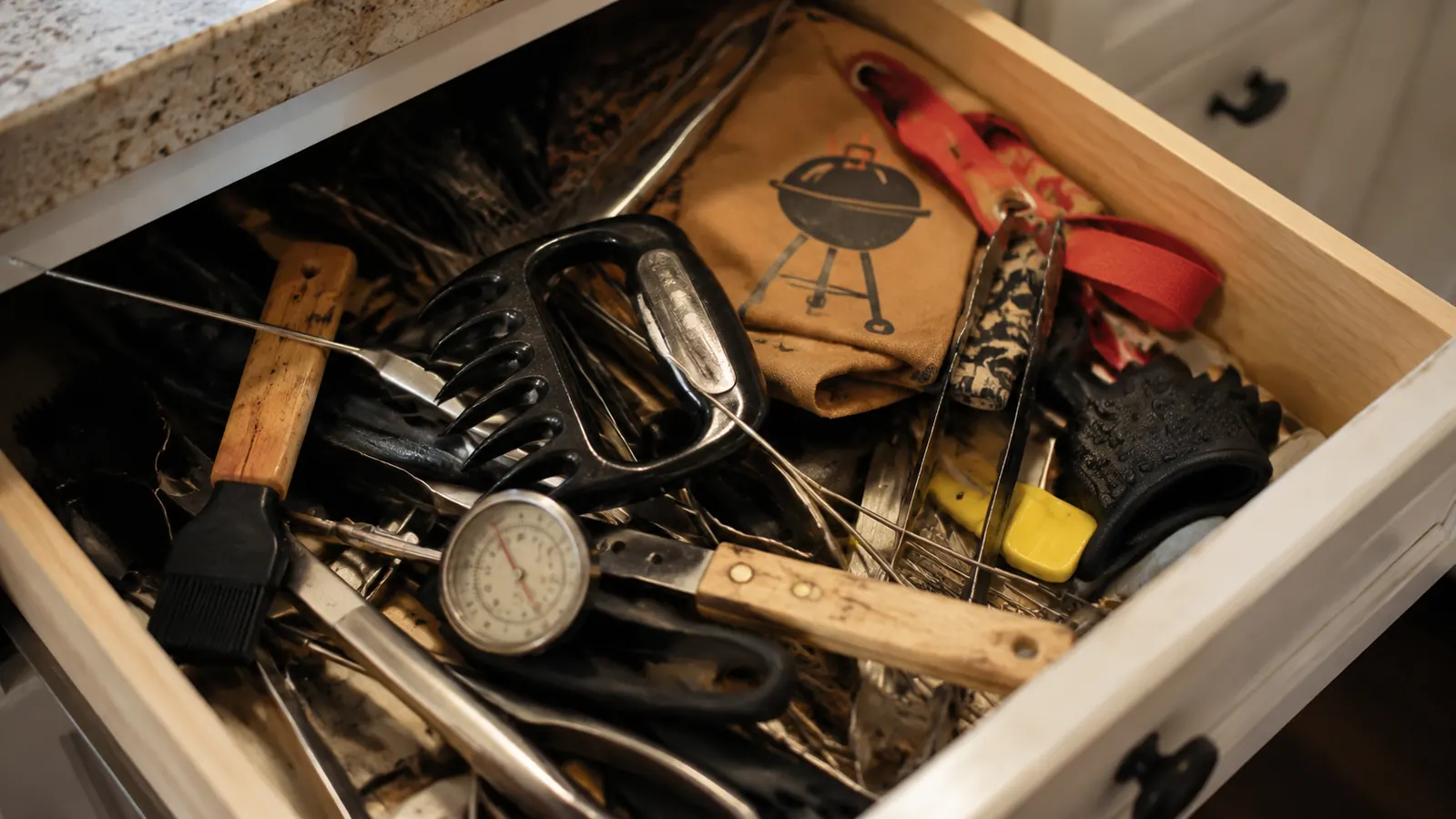 A kitchen drawer full of old, mismatched grilling gadgets shoved in the back