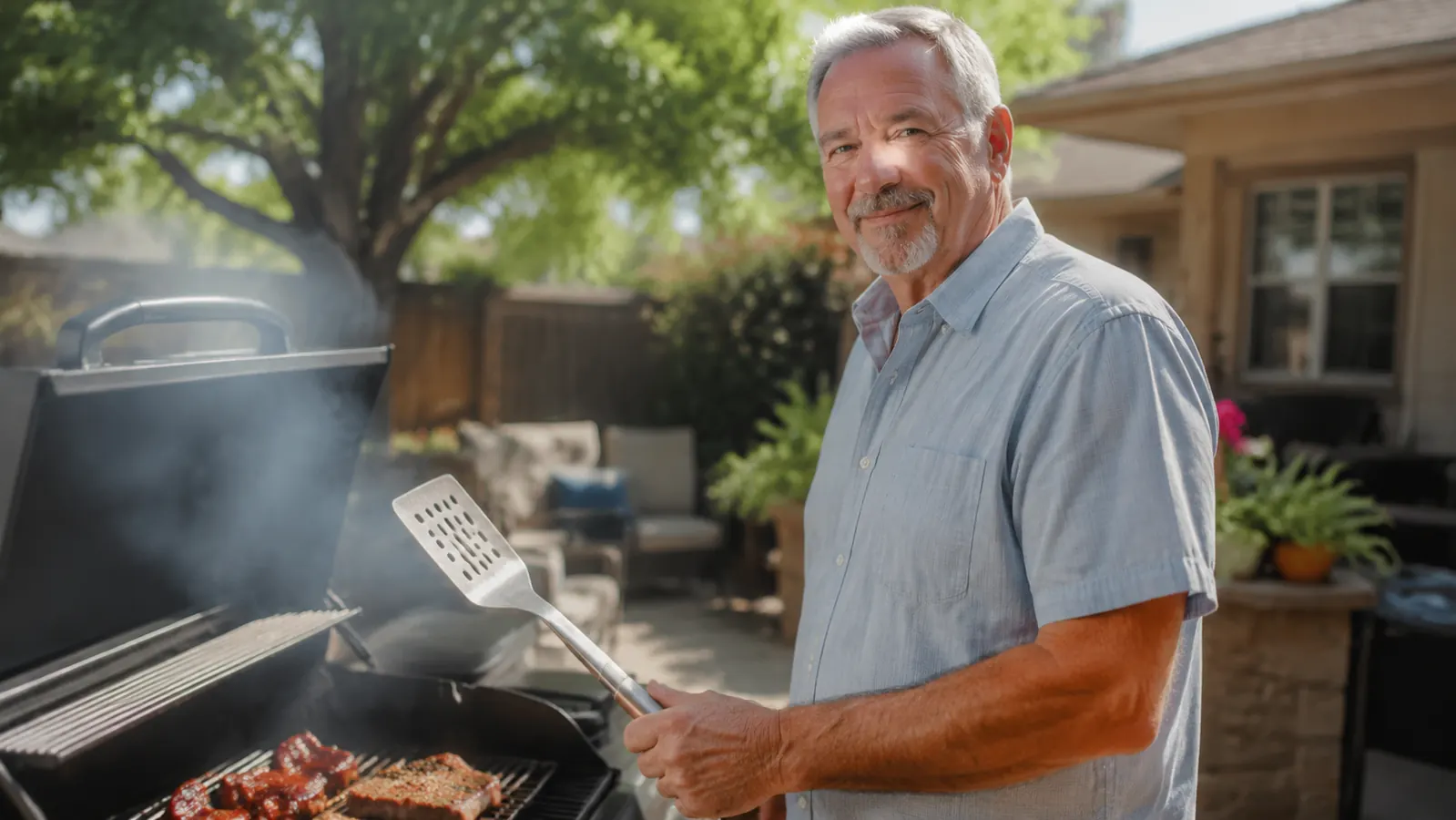 Marty standing at his Pit Boss pellet grill on Father's Day holding a spatula from a new grilling tool set