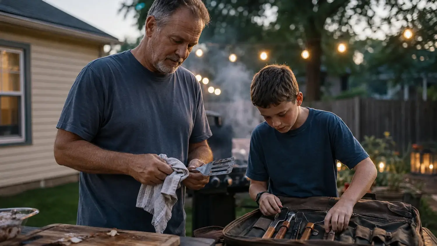 A man wiping down a stainless steel spatula at a patio table while a boy packs tools into a canvas case