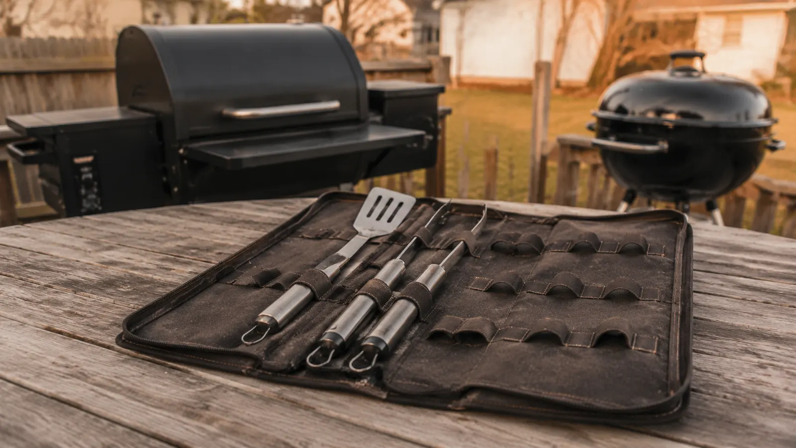An open canvas grilling tool case on a patio table with some tool loops full and some empty