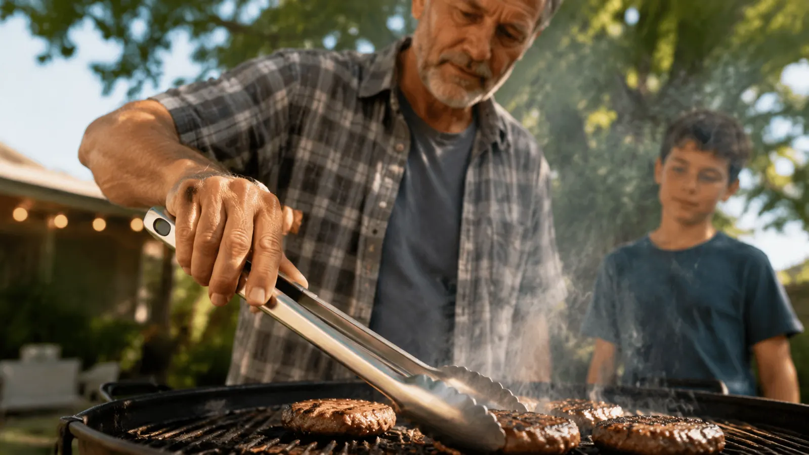 A man's hand using long stainless steel tongs to flip burgers on a hot grill grate
