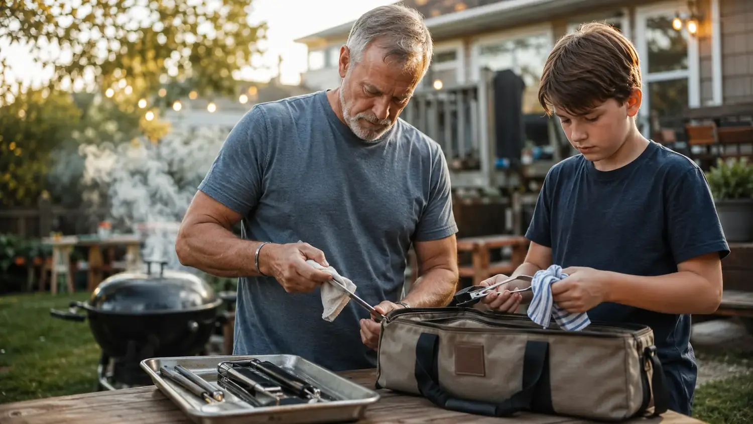 A man and his grandson standing at a patio table sorting grill tools back into a storage case after a cookout