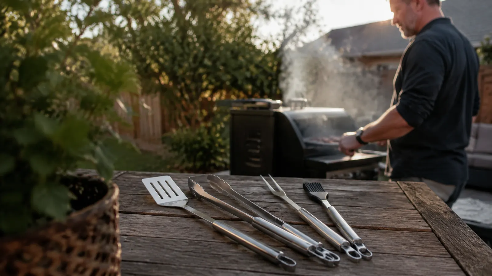 A stainless steel grilling tool set with spatula, tongs, fork and brush laid out on a patio table next to a lit grill