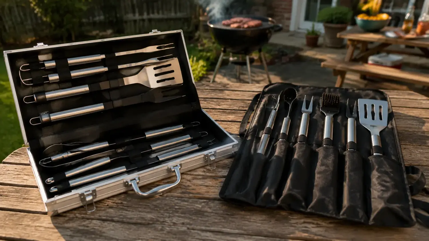 Two grilling tool sets, one in a hard aluminum case and one in a canvas roll bag, laid out on a picnic table before a cookout