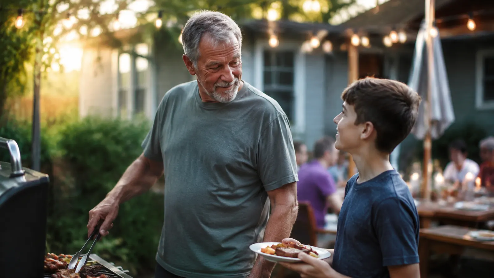 A man and his grandson standing near a grill together at a family cookout