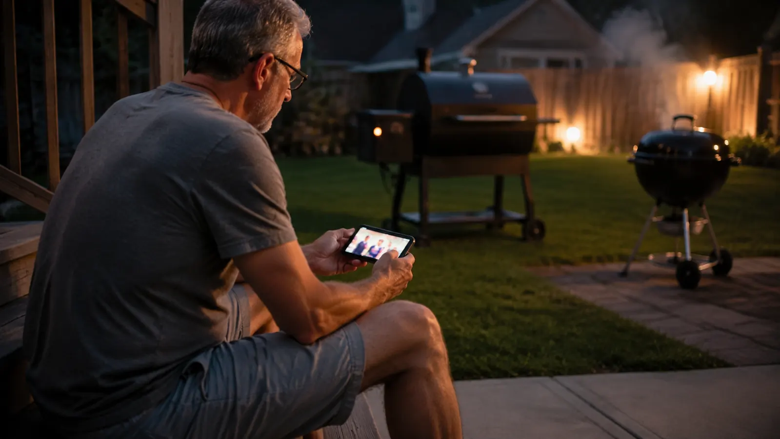 A man sitting on his back porch watching the evening news with a grill visible in the yard behind him