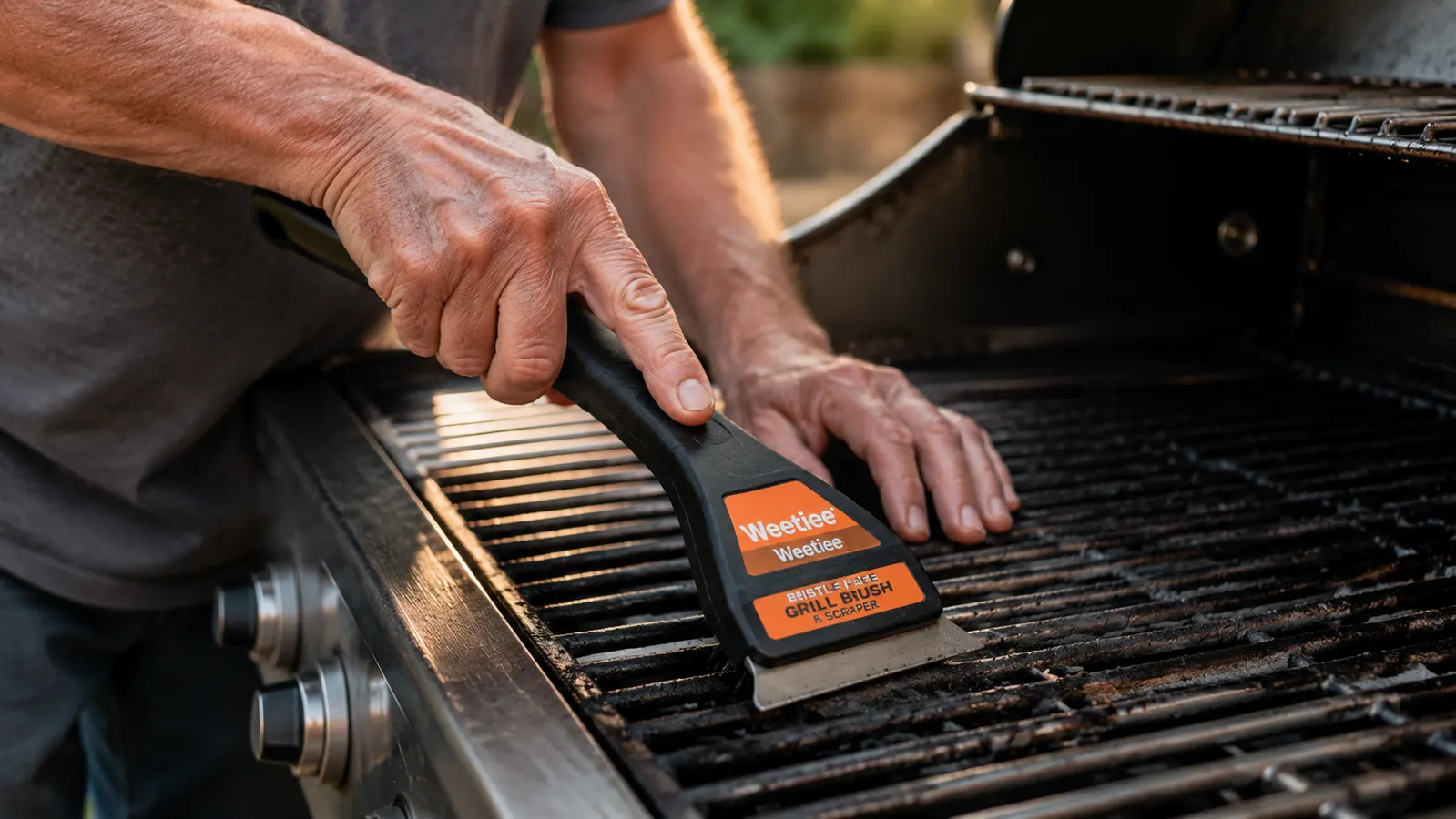 Close-up of a hand scraping hardened, dark caramelized glaze off grill grates using the flat scraper edge of a grill brush