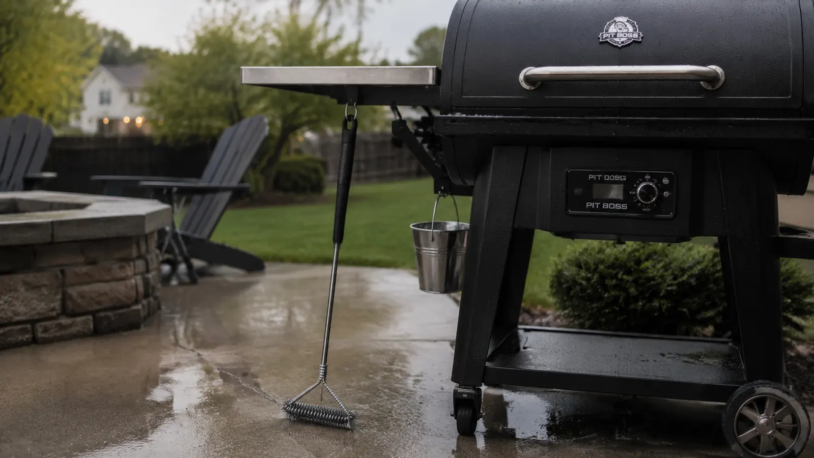 A stainless bristle-free grill brush leaning against a grill cart with a light rain-spotted patio in the background