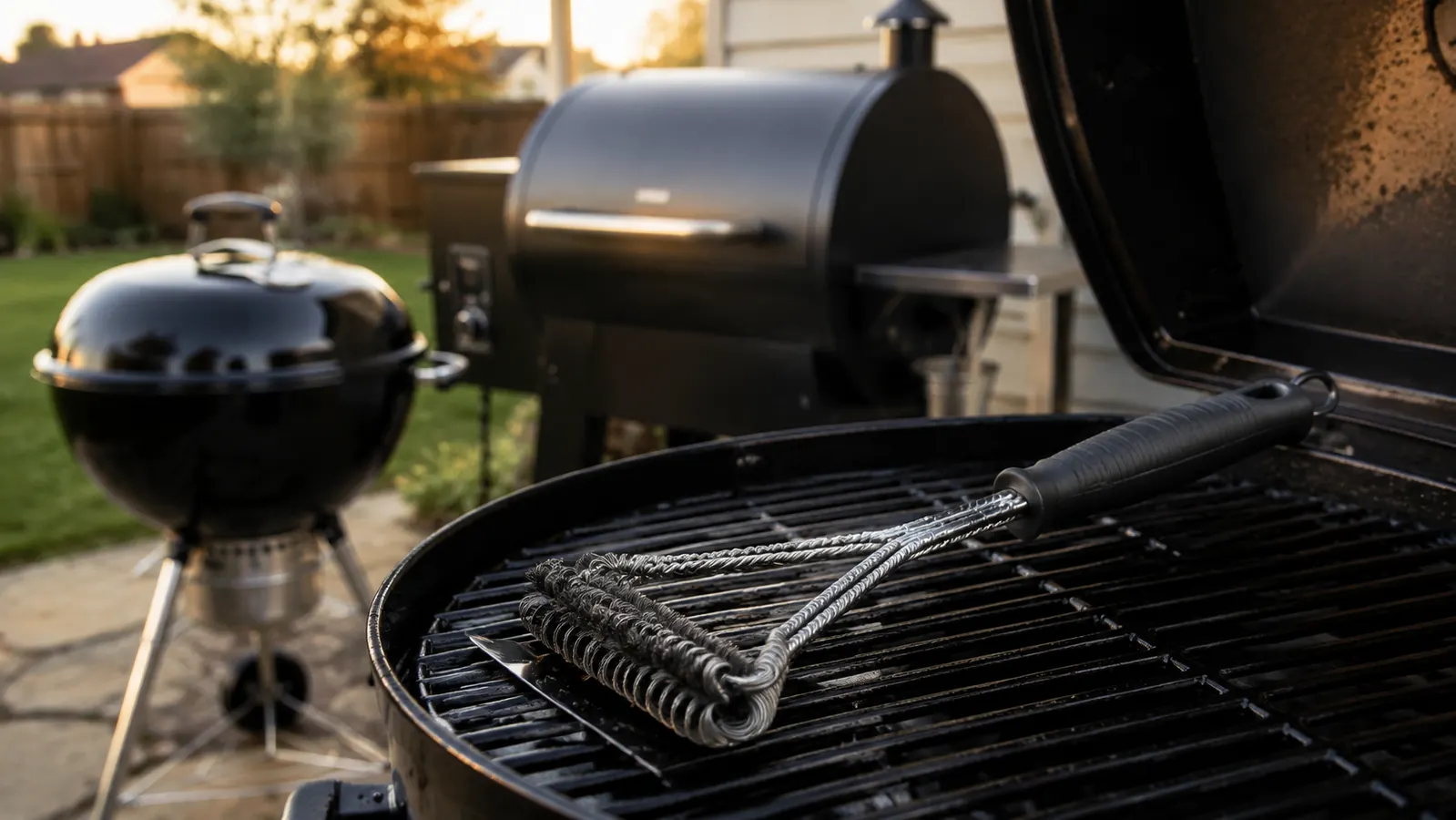 A stainless steel bristle-free grill brush and scraper resting across clean grill grates on a backyard patio
