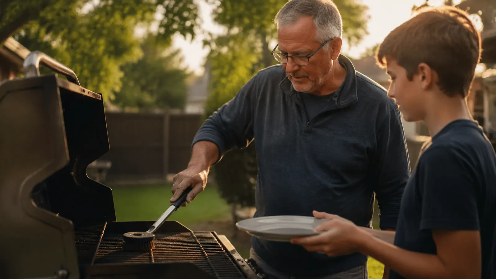 A grandfather and grandson standing at a grill together, the grandfather scraping the grates clean before cooking