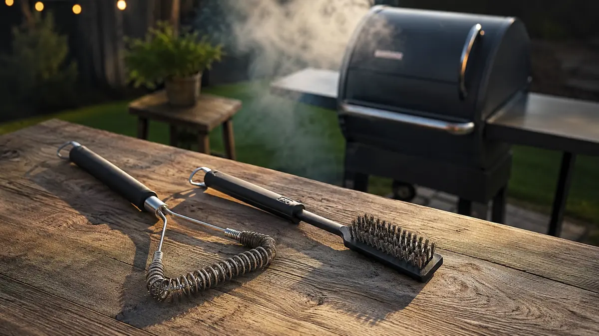 A stainless bristle-free grill brush and a traditional wire bristle brush laid side by side on a picnic table next to a smoking pellet grill