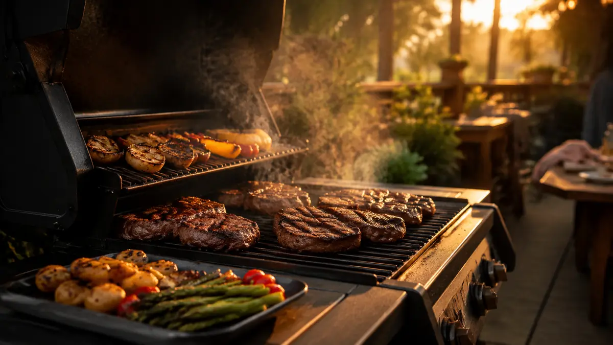 A backyard griller tending food over glowing coals at golden hour with smoke rising