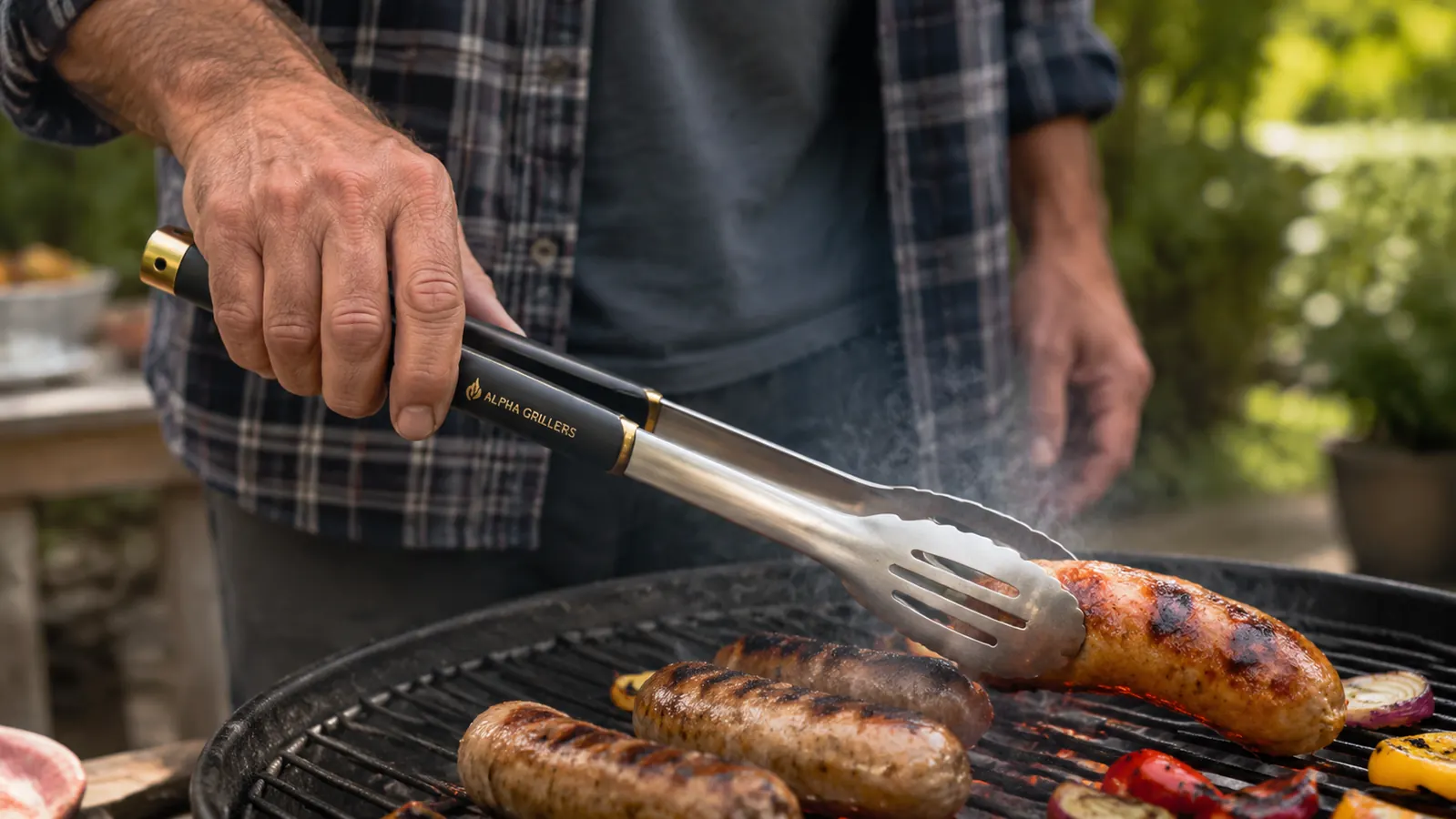 A man's hand gripping stainless steel tongs from a grilling tool set, mid-flip over a hot grate