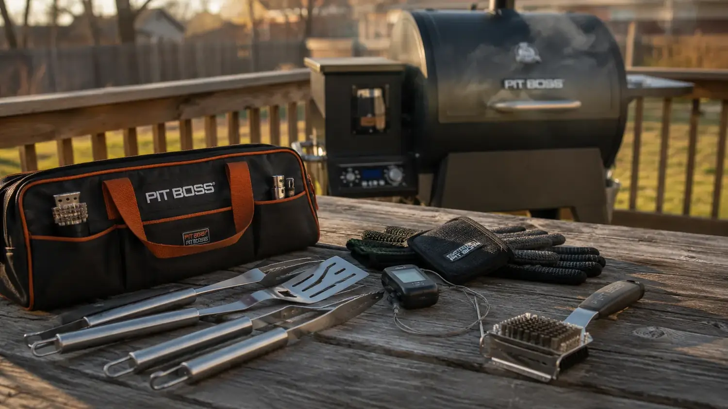 A full grilling accessories kit laid out on a patio table, including a stainless tool set, gloves, thermometer and cleaning brush
