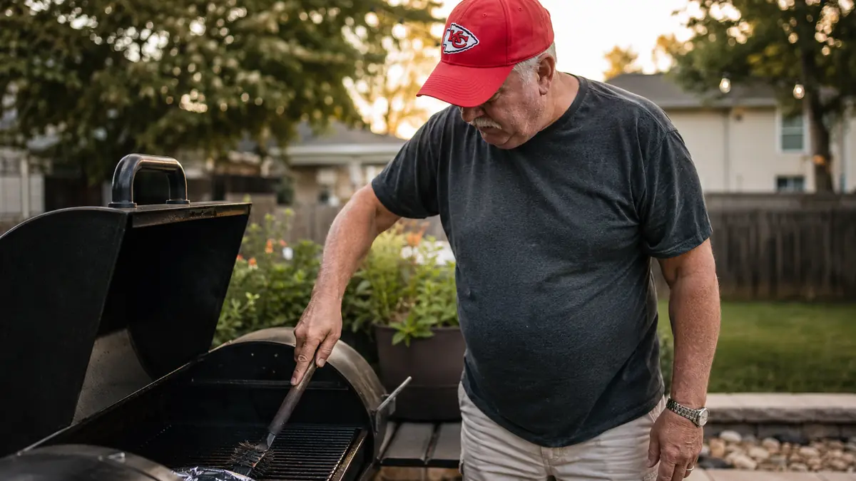Man in a ballcap cleaning grill grates with a bristle-free brush on a backyard pellet grill at dusk
