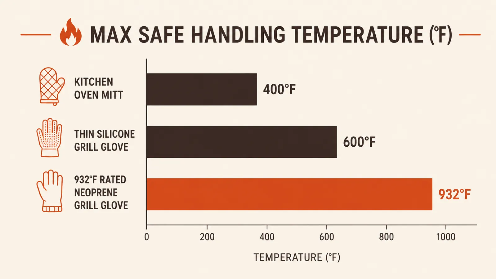 Chart comparing heat resistance ratings of oven mitts, silicone grill gloves and 932 degree rated neoprene grill gloves