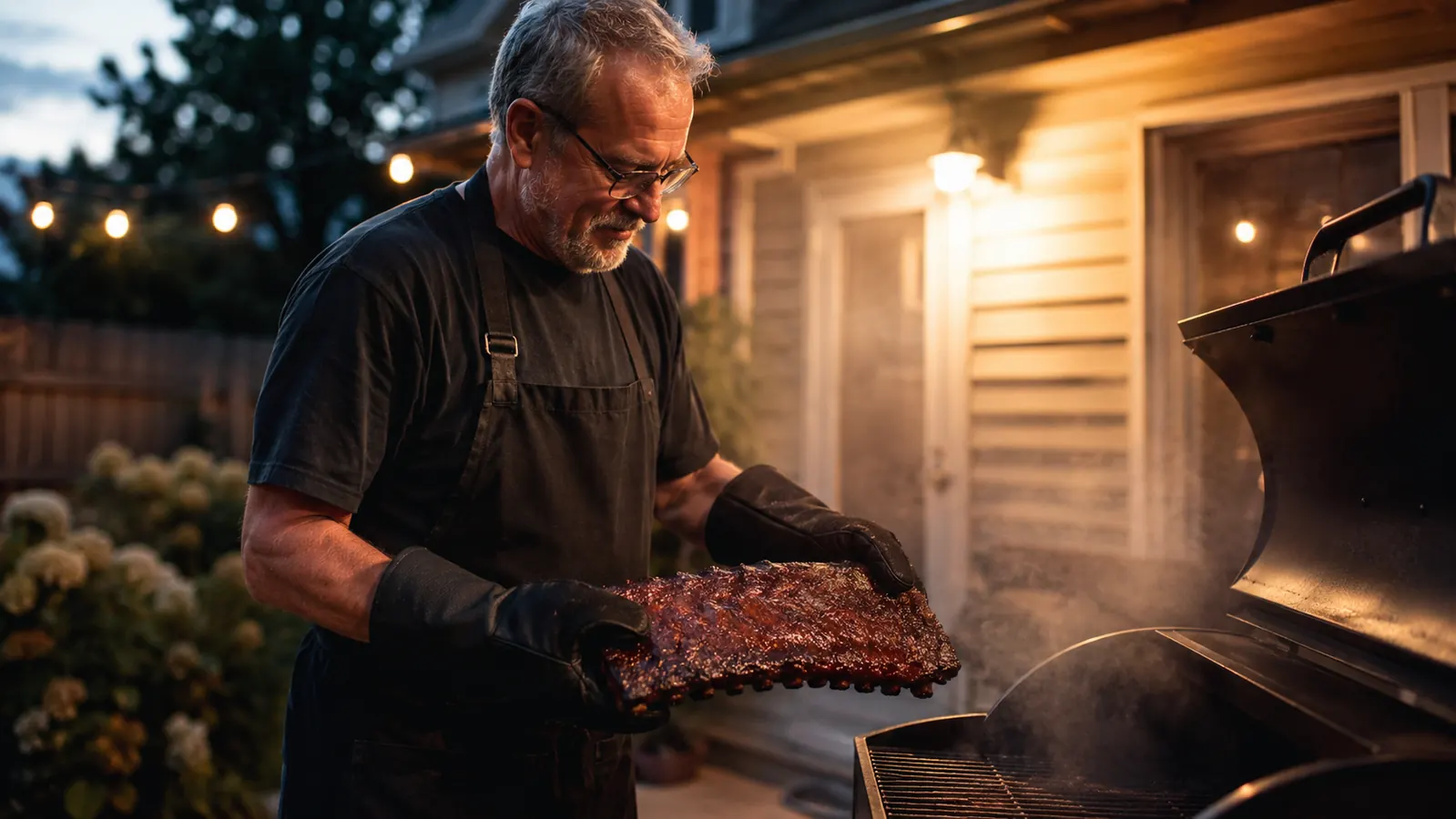 Man in heat resistant grill gloves lifting a whole rack of ribs off a smoking pellet grill