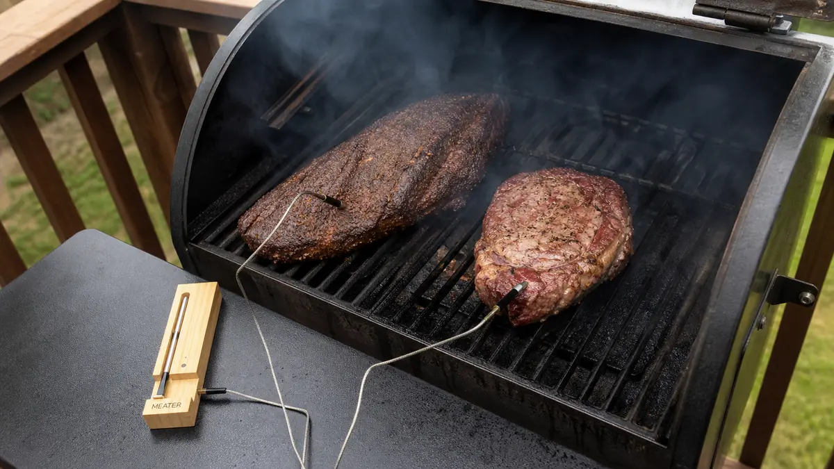Two wireless thermometer probes monitoring different cuts of meat at once on a pellet grill
