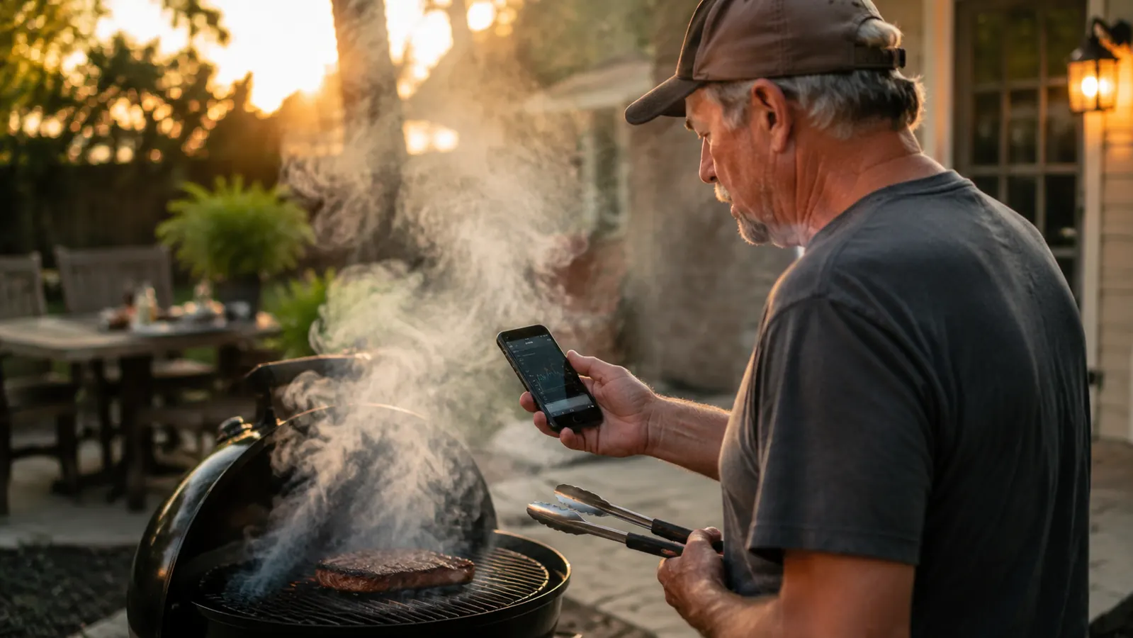 Backyard cook checking a phone app while a wireless meat thermometer probe sits in a steak on a charcoal kettle grill
