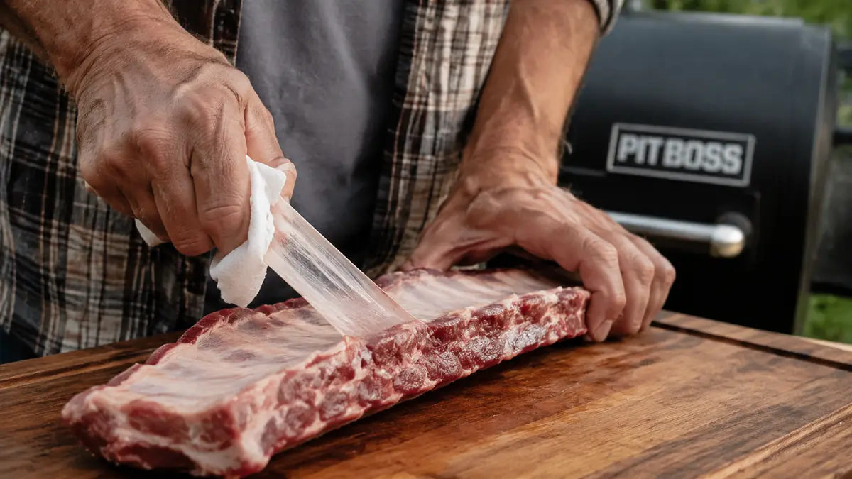 Hand peeling the thin membrane off the bone side of a raw rack of ribs on a cutting board