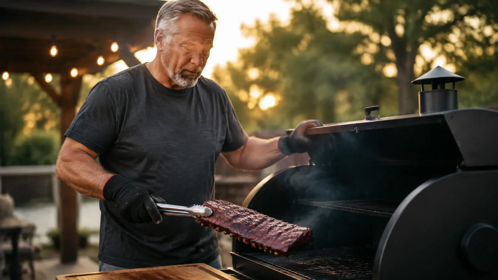 Rack of smoked ribs pulled off a pellet grill with a deep pink smoke ring visible on the cut end