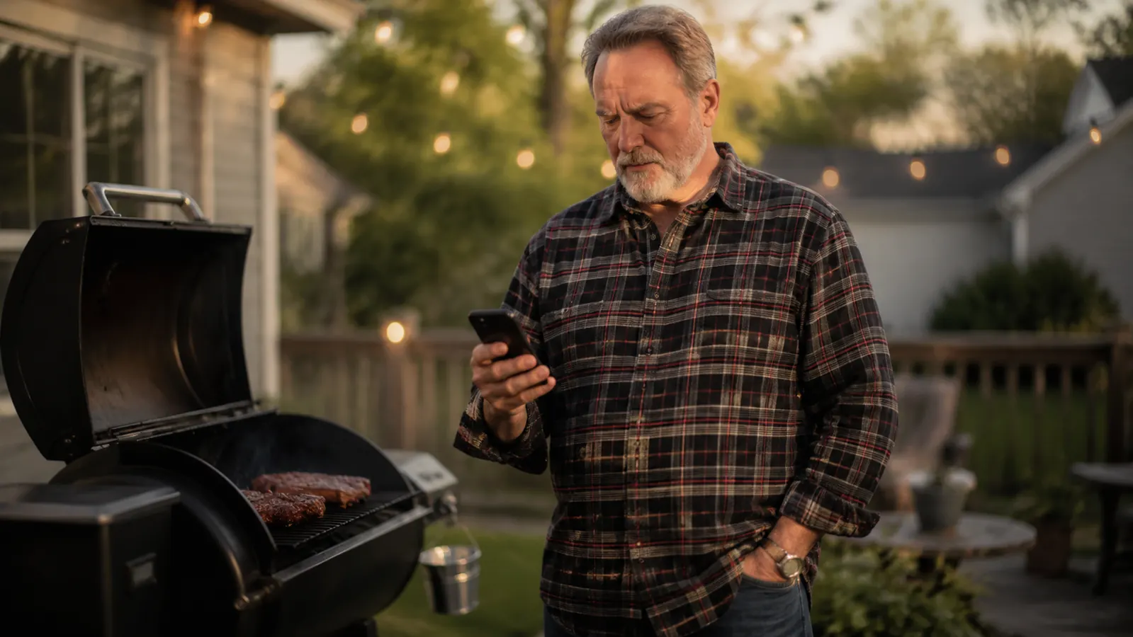 A man in his 60s standing at a Pit Boss pellet grill in a Kansas City backyard at dusk, checking his phone
