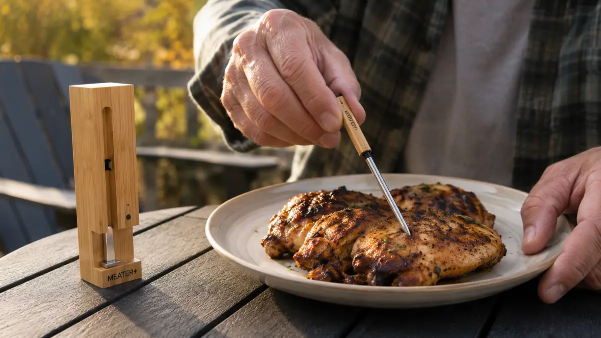 Close-up of a wireless thermometer probe being pulled out of a chicken thigh next to a charging block on a patio table