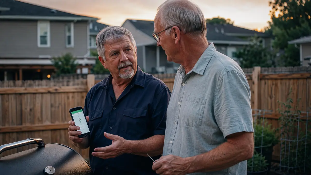 A man leaning on a backyard fence talking with his neighbor while a wireless meat thermometer app is open on his phone