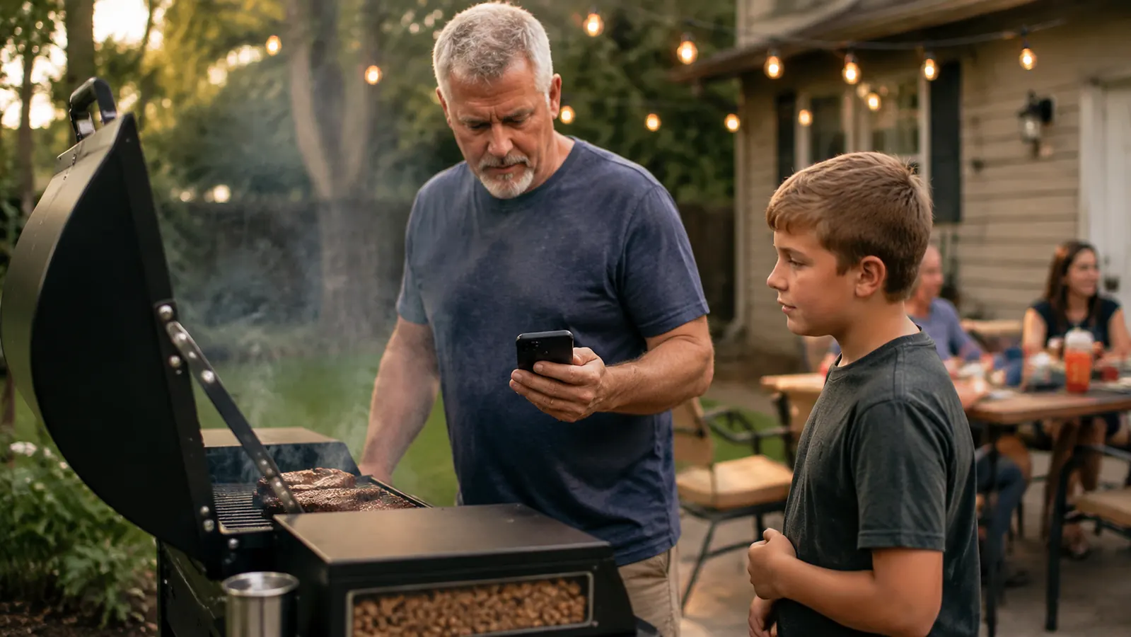 A man checking a smartphone app while tending a pellet grill on a patio, grandson standing nearby