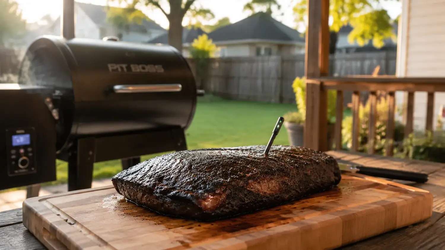 A wireless meat thermometer probe inserted into a smoked brisket resting on a cutting board in a backyard setting