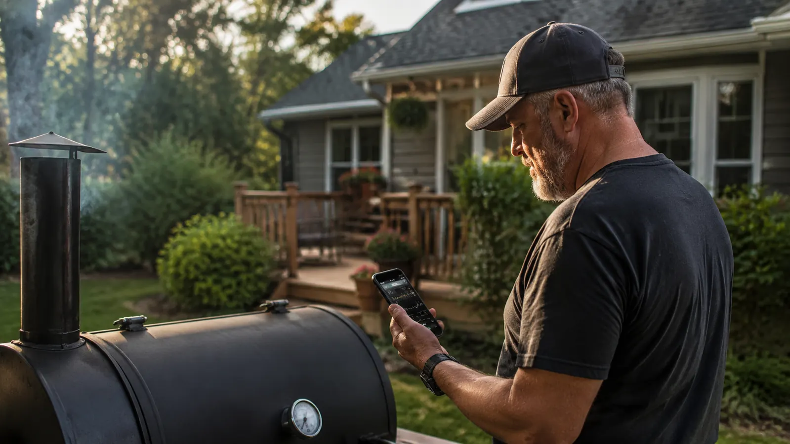 Man checking a smartphone app showing live meat temperature while standing near a smoker in a backyard