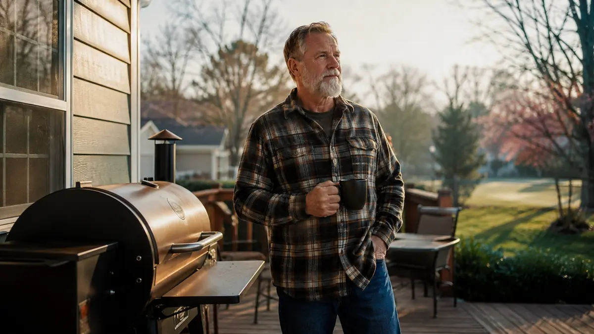 Marty standing on his Kansas City patio next to a Pit Boss 440 pellet grill in the early morning light