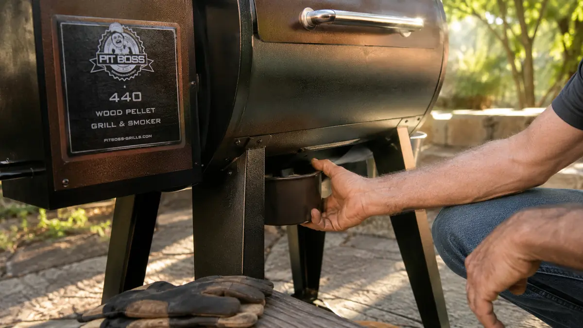 A man's hand pulling the grease bucket out from underneath the side of a Pit Boss pellet grill
