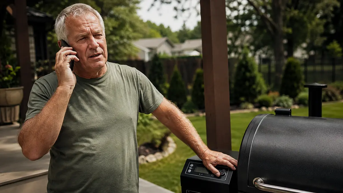 A man on the phone standing near a pellet grill on a patio while checking the control panel