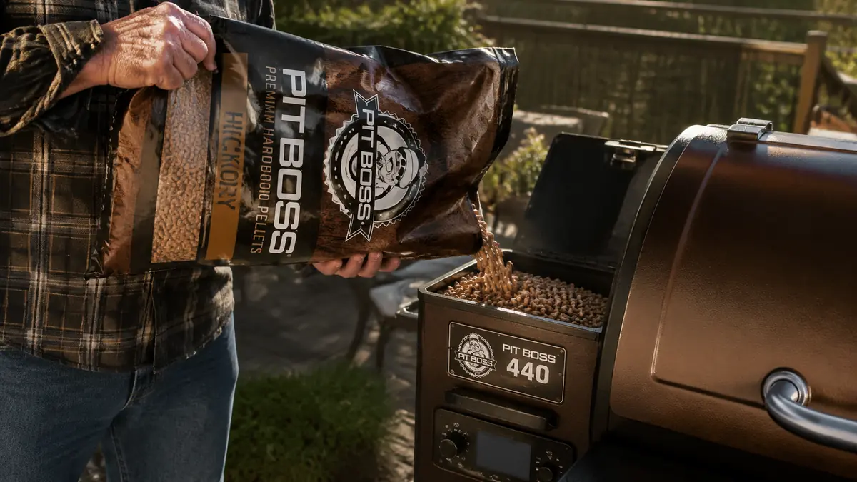 A man's hand pouring wood pellets into the side hopper of a Pit Boss pellet grill