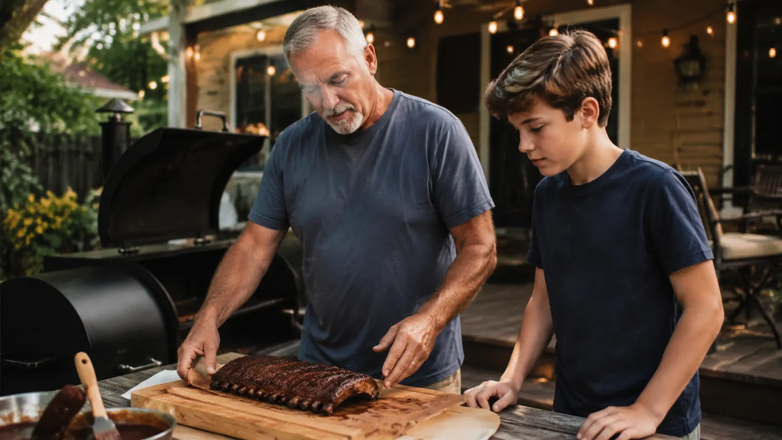 A man and his grandson standing near a pellet grill on a patio while ribs rest on a cutting board