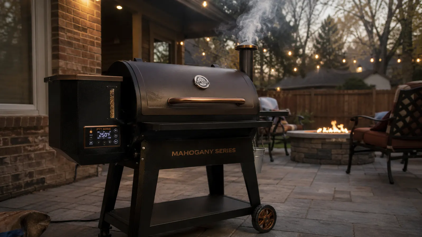 A brown Pit Boss 440 pellet grill smoking on a backyard patio with a digital controller glowing on the hopper side