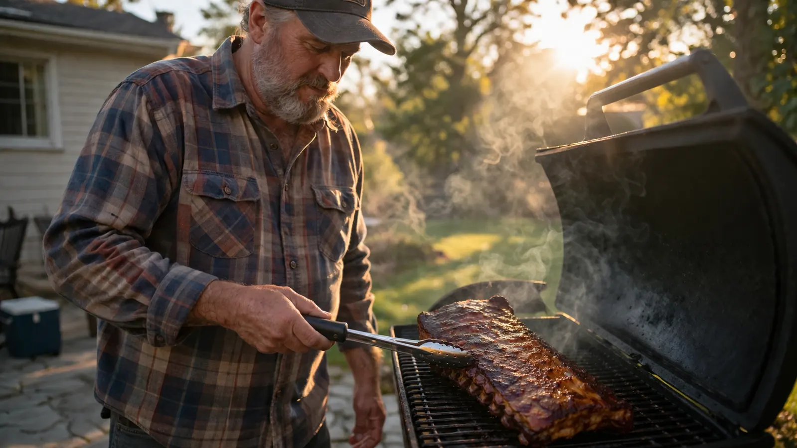 Man in a ballcap pulling a rack of ribs off a pellet grill in a backyard