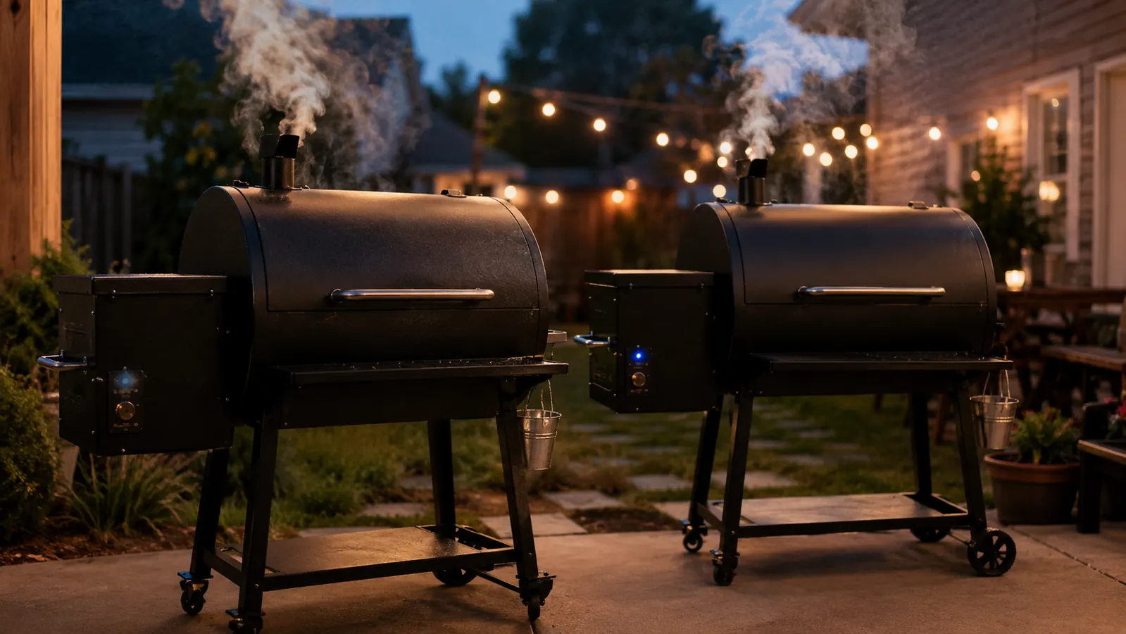Pit Boss 440 Mahogany pellet grill and a Traeger pellet grill side by side in a backyard at dusk