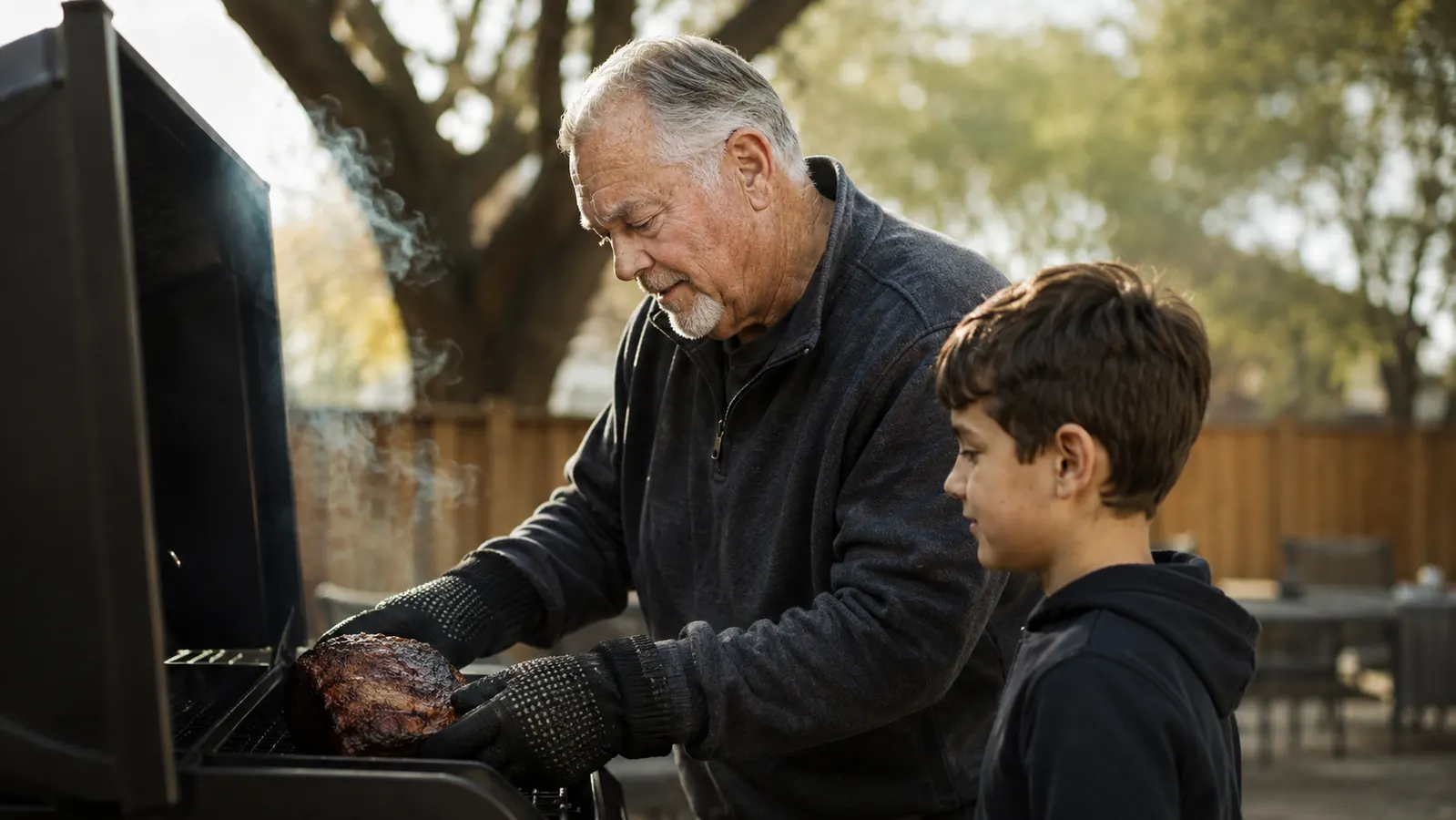 Grandfather in grill gloves showing his grandson how to safely handle food at the grill