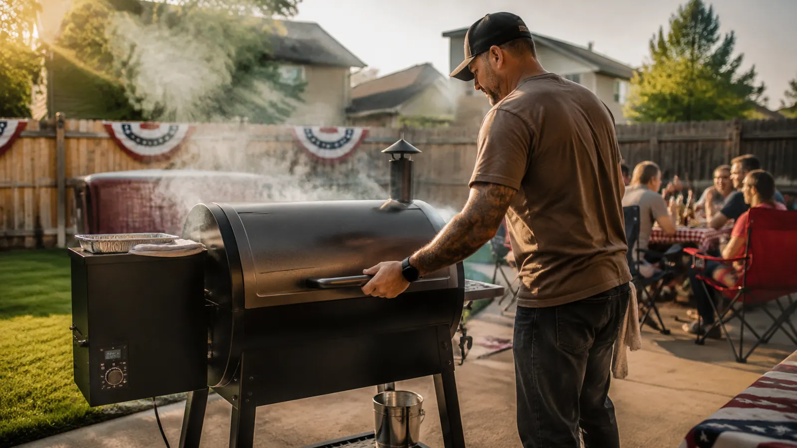 Backyard cookout scene with a pellet grill smoking on a warm summer afternoon