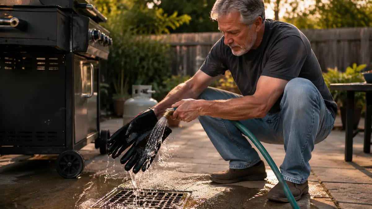A man's hand in a grill glove holding a garden hose, rinsing off the outside of the glove over a patio drain