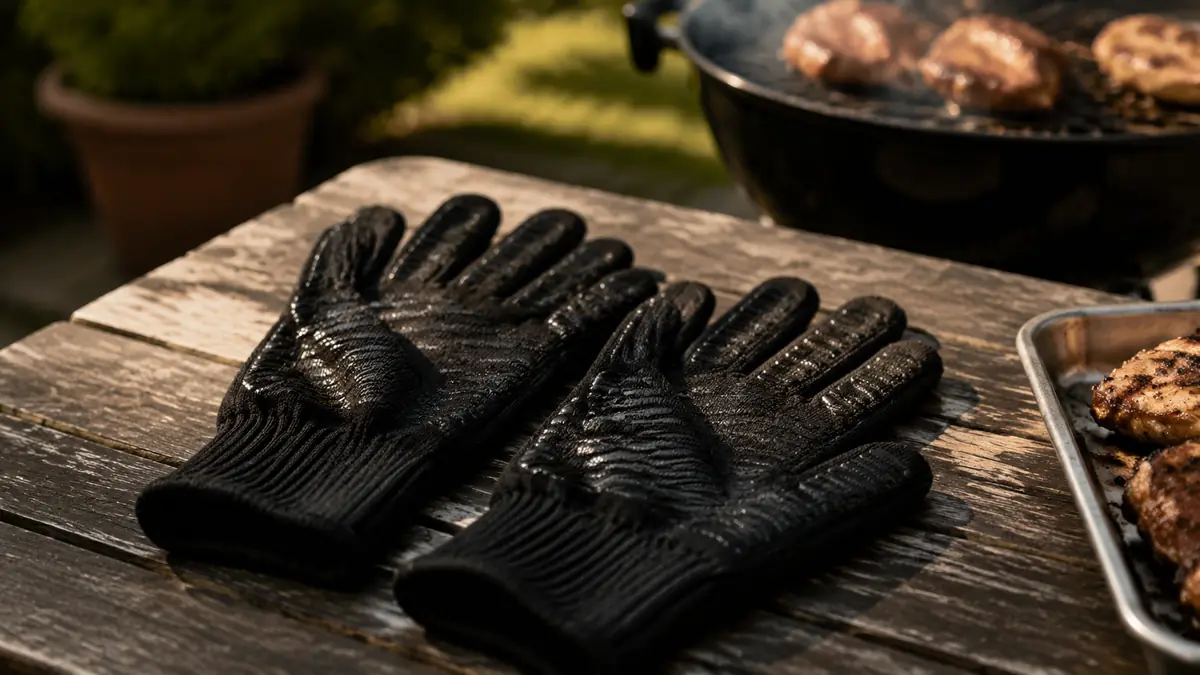 A pair of worn black RAPICCA grill gloves lying open-palm on a picnic table with a slight crease visible at the thumb