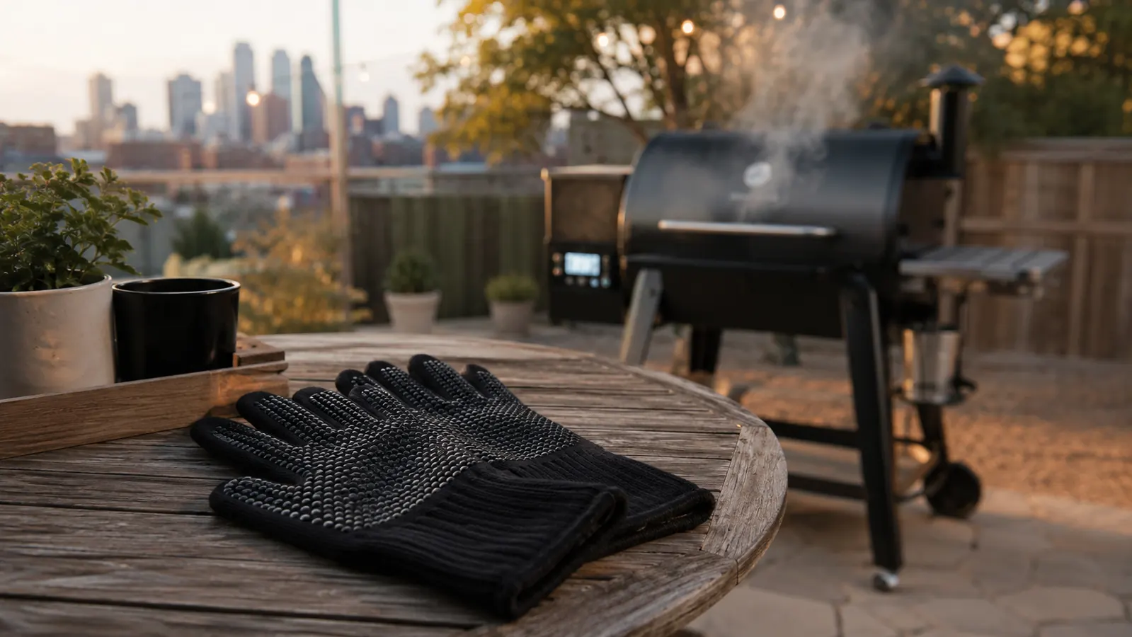 A pair of black RAPICCA grill gloves resting on a wooden patio table next to a smoking pellet grill