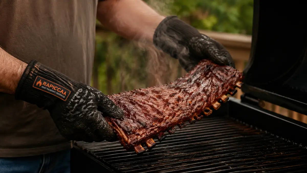 A man's hand wearing a black RAPICCA glove pulling a rack of ribs off a pellet grill